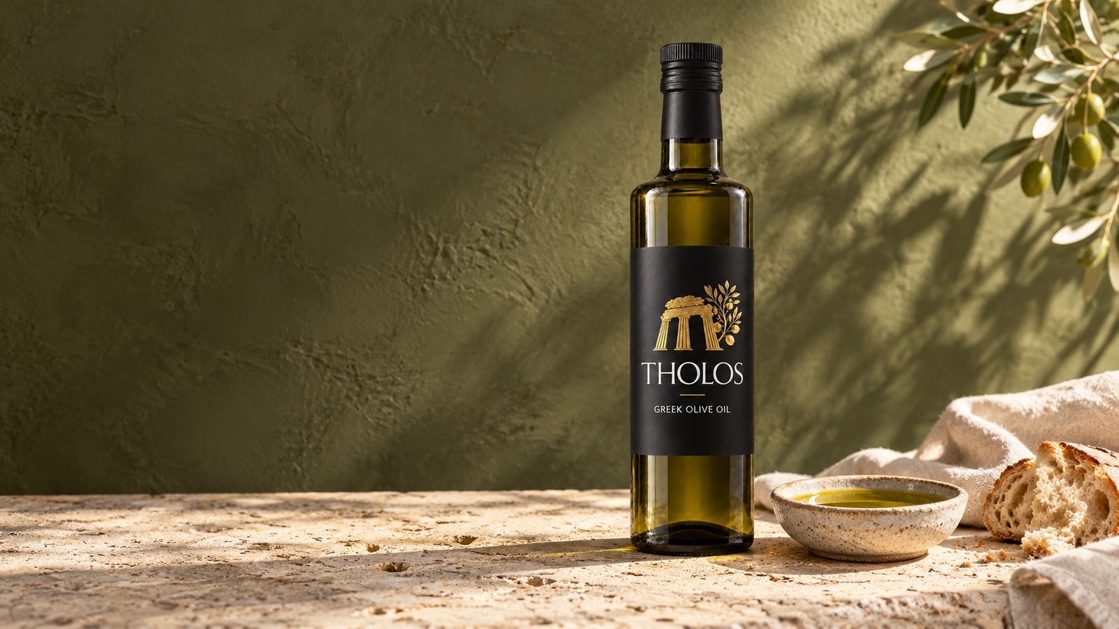 Tholos olive oil bottle with golden oil and linen on sunlit limestone
