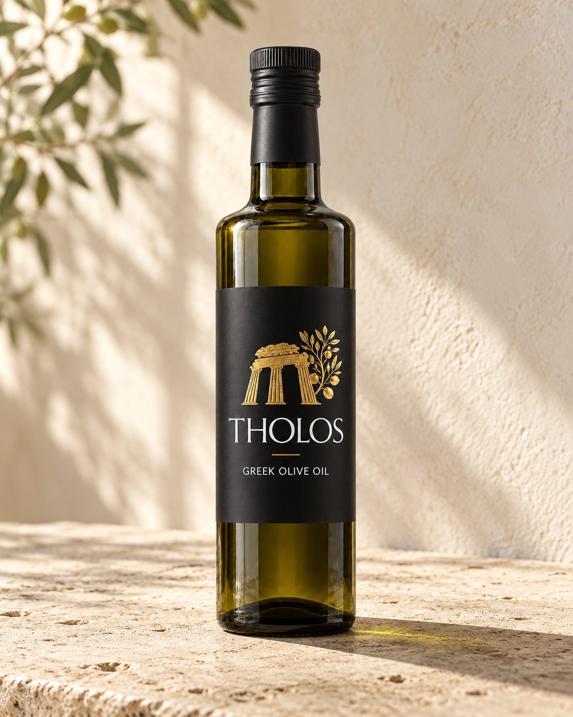 Tholos olive oil bottle on sunlit limestone