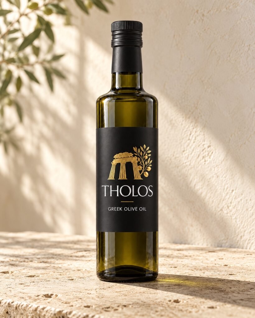 Tholos 500 ml bottle on sunlit limestone