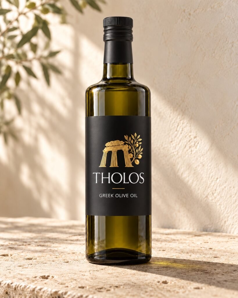 Tholos 750 ml bottle on sunlit limestone